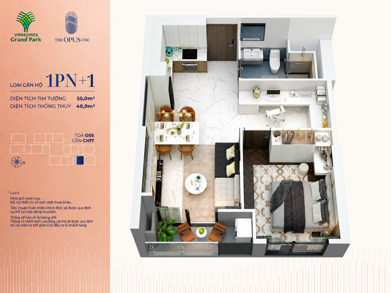 Căn hộ 1PN+1 The Opus One